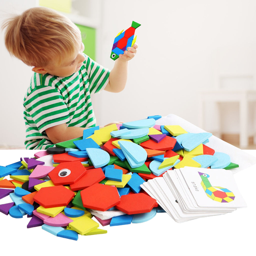 Wooden Pattern Blocks Geometric Shapes Toy with Cards E455629