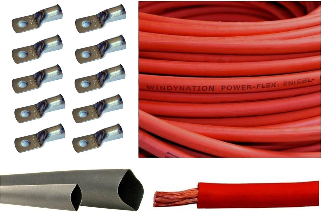 4 Gauge 15 Feet Red + 15 Feet Black Pure Copper Flexible Cable + 10pcs 3/8 Tinned Copper Cable Lug Terminal Connectors + 3 Feet Black Heat Shrink Tubing W87447