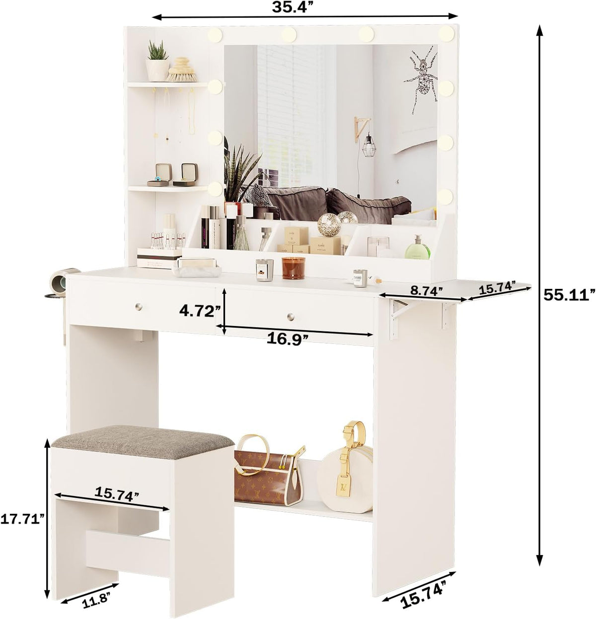 White Makeup Vanity Desk with Lights and Charging Station, 2 Drawers & Cushioned Stool U562