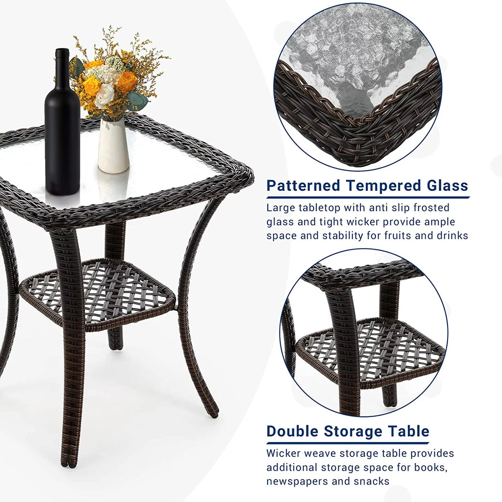 3 Pieces Wicker Patio Bistro Set with Glass Top Side Table G386