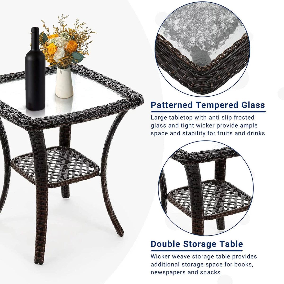 3 Pieces Wicker Patio Bistro Set with Glass Top Side Table G386