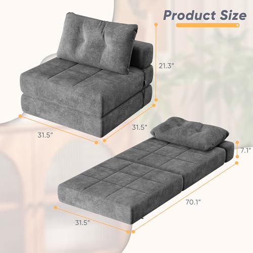 White Chenille Folding Sofa Bed with Headrest & Lumbar Pillow R184