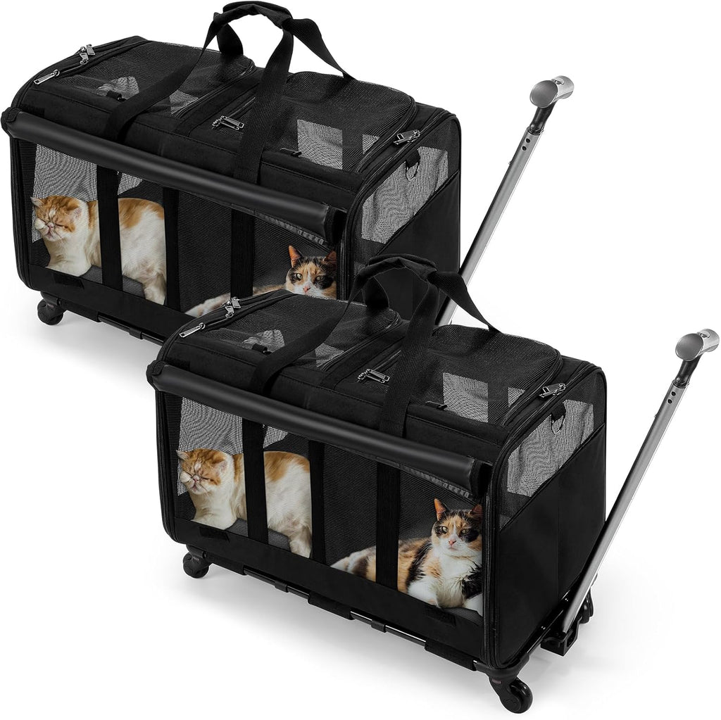 Black Large Rolling Double Compartment Pet Carrier with Wheels P7750