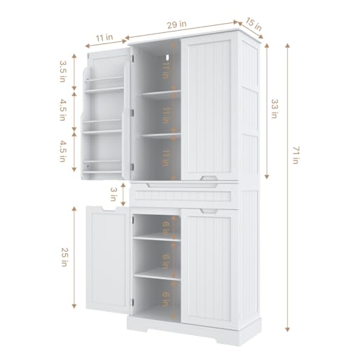 White Tall Kitchen Pantry Storage Cabinet with Doors and Shelves W16555