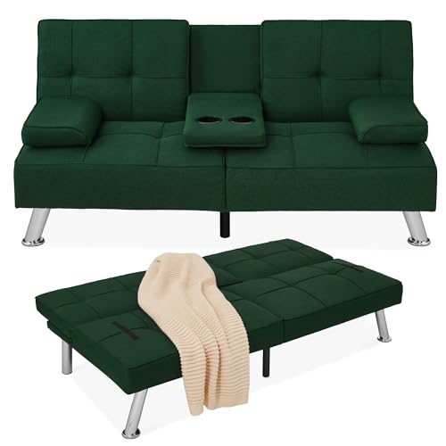 Gray Linen Folding Futon Sofa Bed with Cupholders W88856