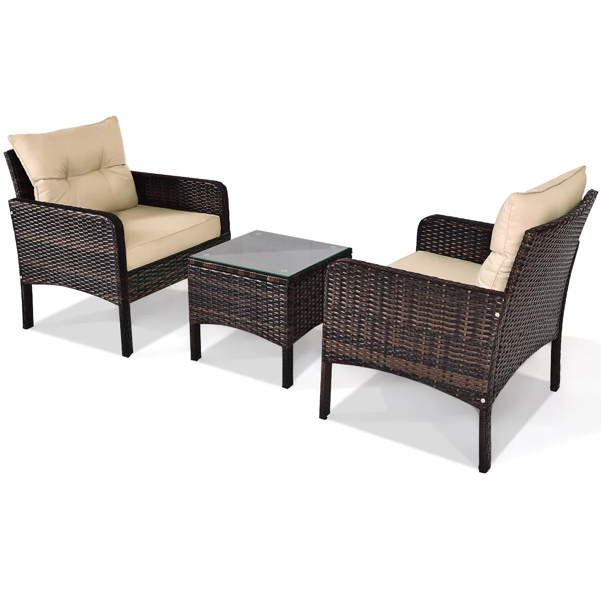3PCS Brown Patio Rattan Furniture Set with Cushioned Chairs Coffee Table M67627