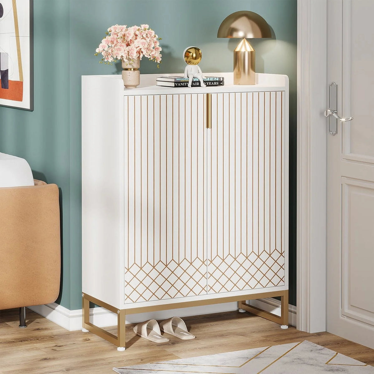 White and Gold 25 Pairs 5-Tier Shoe Cabinet S7777