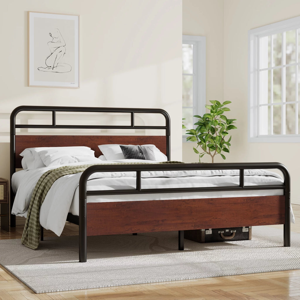Dark Brown Queen Size Metal Platform Bed Frame with Wooden Headboard E92909