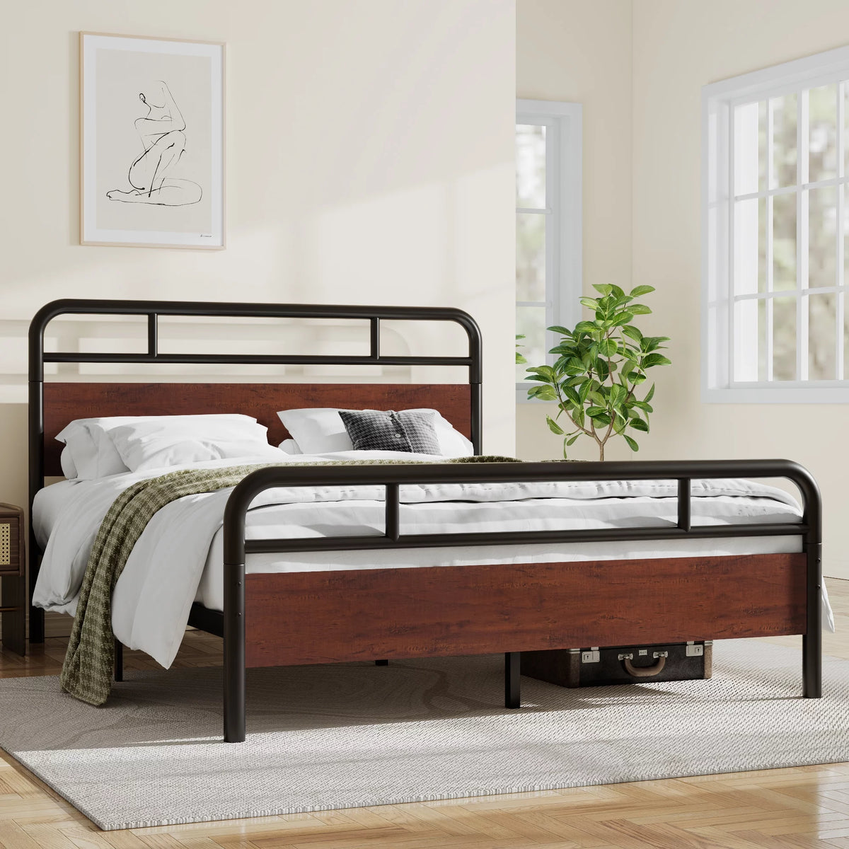 Dark Brown Queen Size Metal Platform Bed Frame with Wooden Headboard E92909