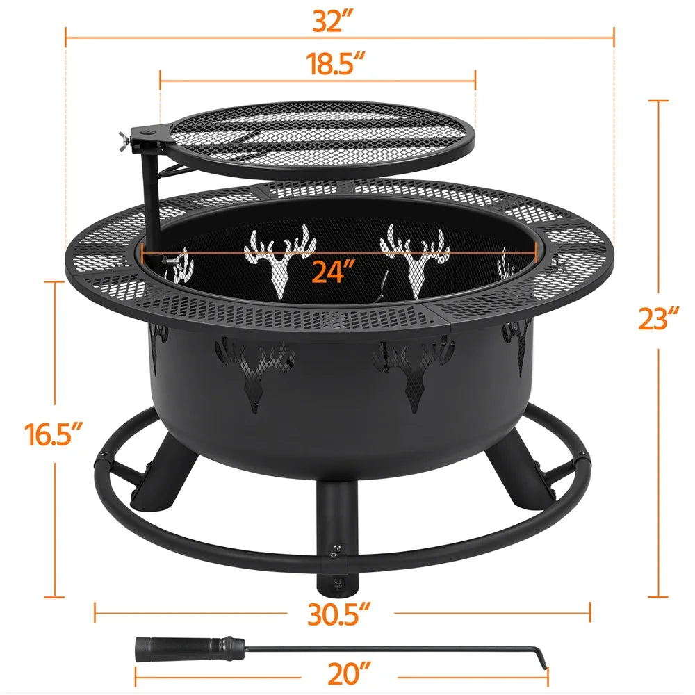 32'' Round Wood Burning Fire Pit with Poker & Swivel Cooking Grate Q877