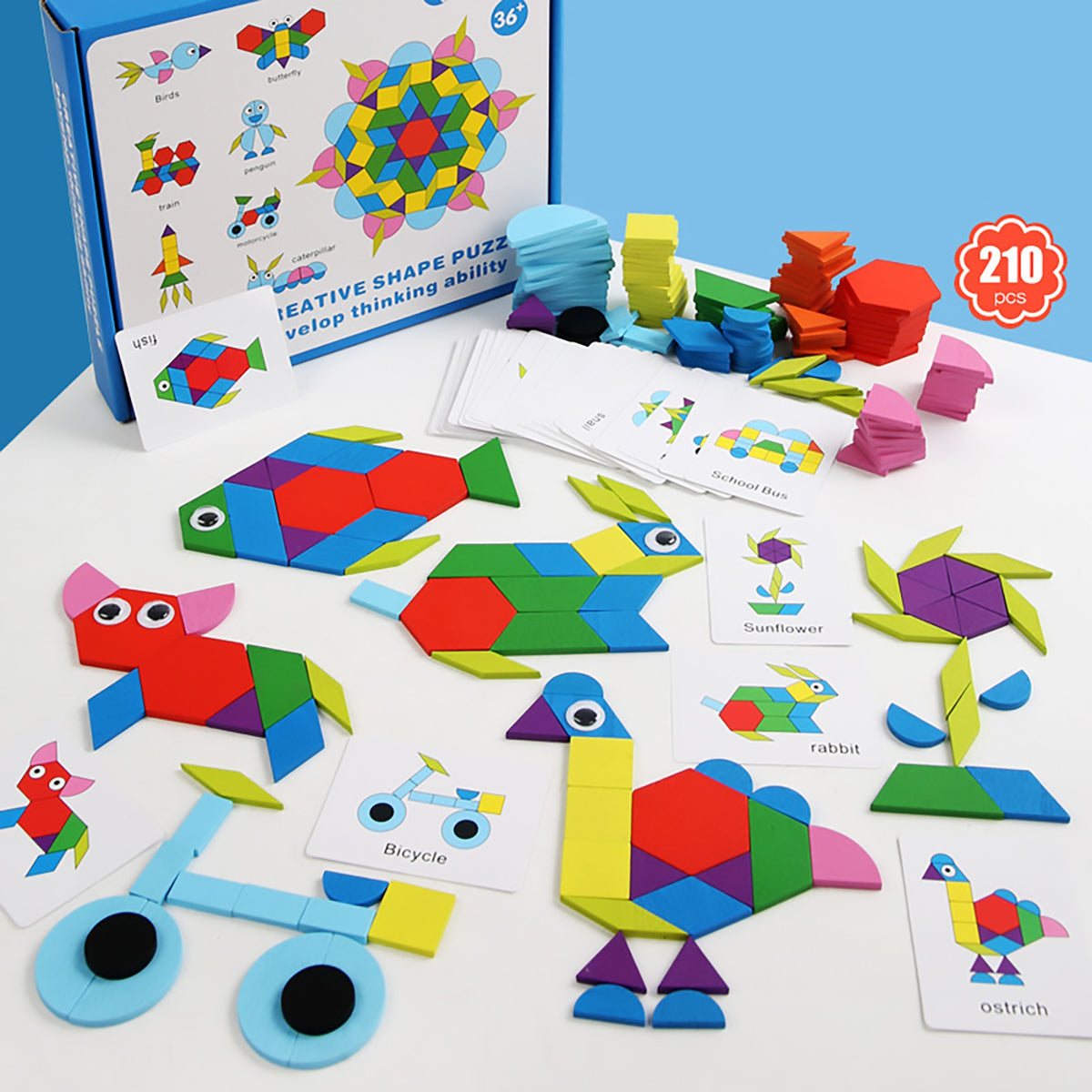 Wooden Pattern Blocks Geometric Shapes Toy with Cards E455629