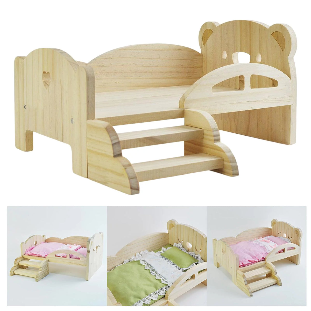 Miniature Wooden Doll Bed with Stairs I32431