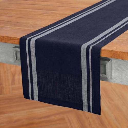 100% Pure Linen Black and Natural French Stripe Table Runner 14 x 60 Inch B76554