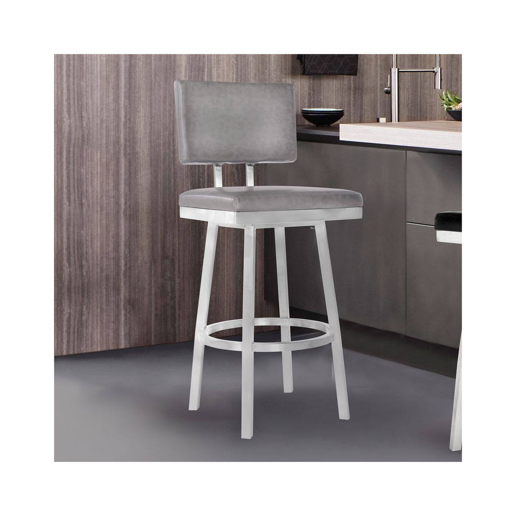 Bar Height Barstool in Brushed Stainless Steel and Vintage Grey Faux Leather X483777
