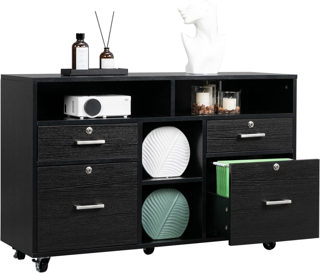 Black Wood Mobile File Cabinet with Drawers and Shelves F14429
