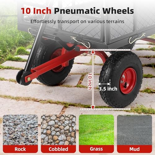 880 lb 10-inch tire steel garden cart with 4-side removable mesh and 180° swivel handle Z6294