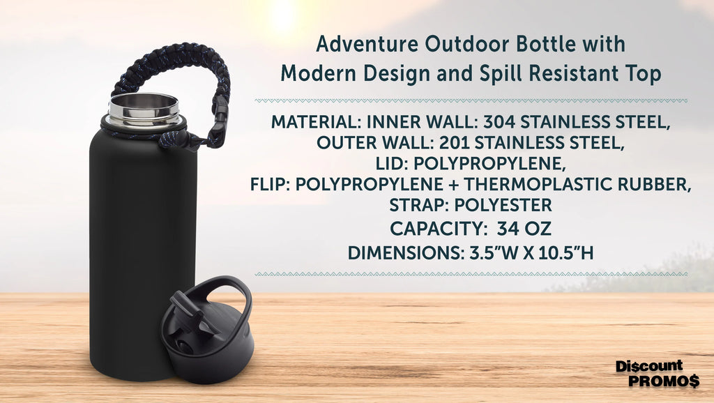 6 Vulcan Stainless Steel Water Bottles with Strap Set, 34 oz. - Double Wall, Vacuum Insulated - Black M855603