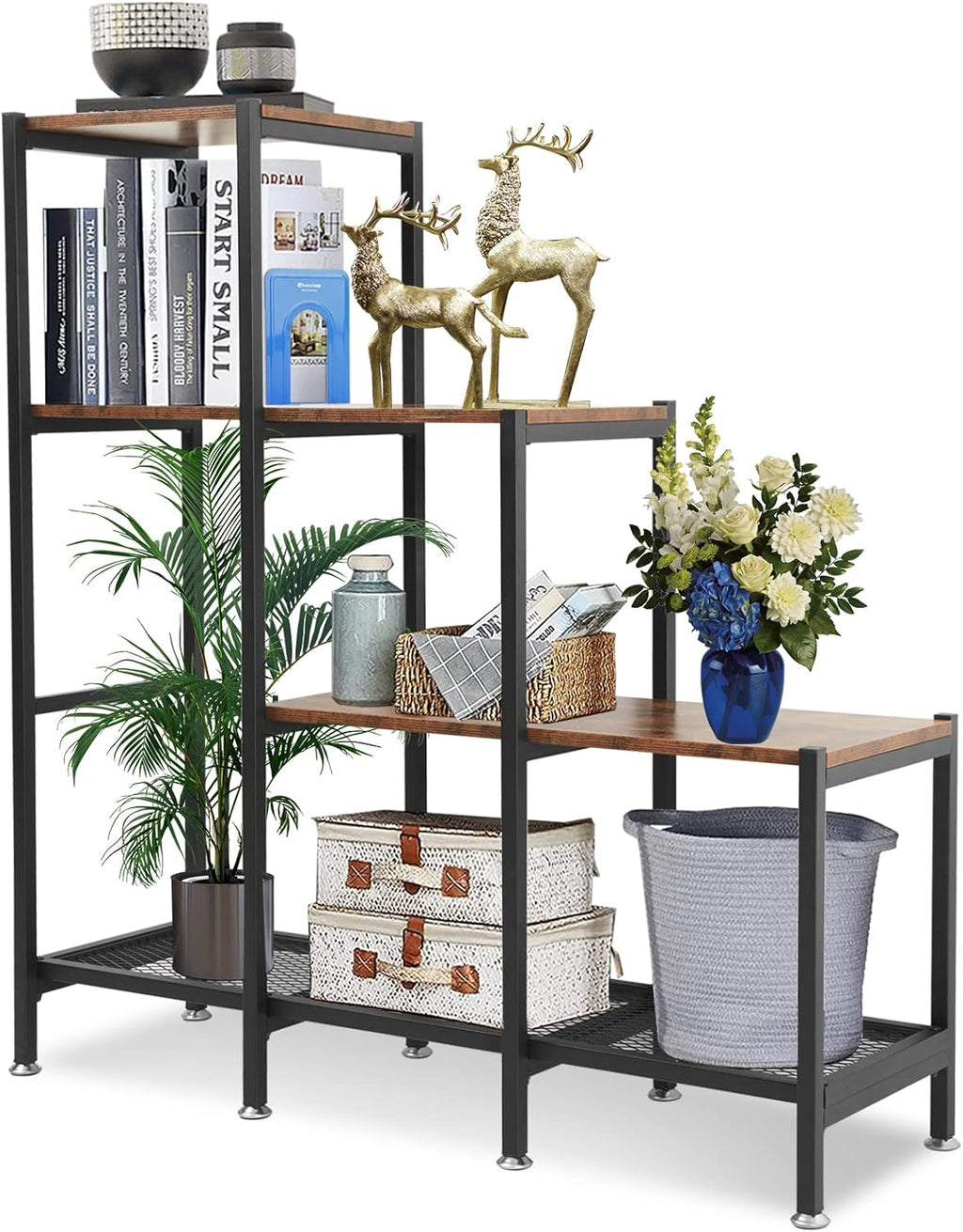 3 Tier Rustic Wood and Metal Bookshelf S9716