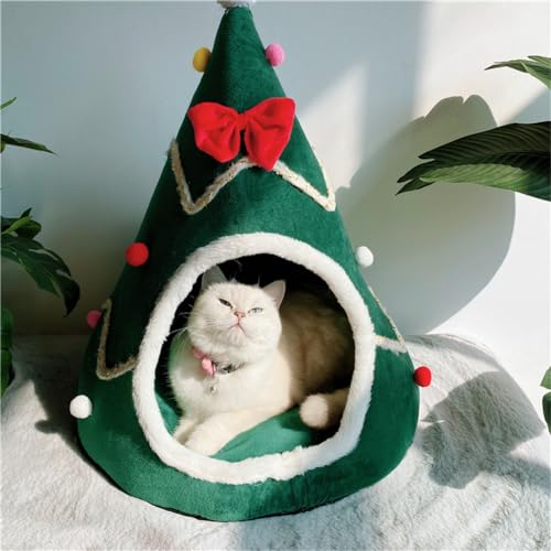 Green Christmas Tree Cat Bed with Detachable Pillow I7945