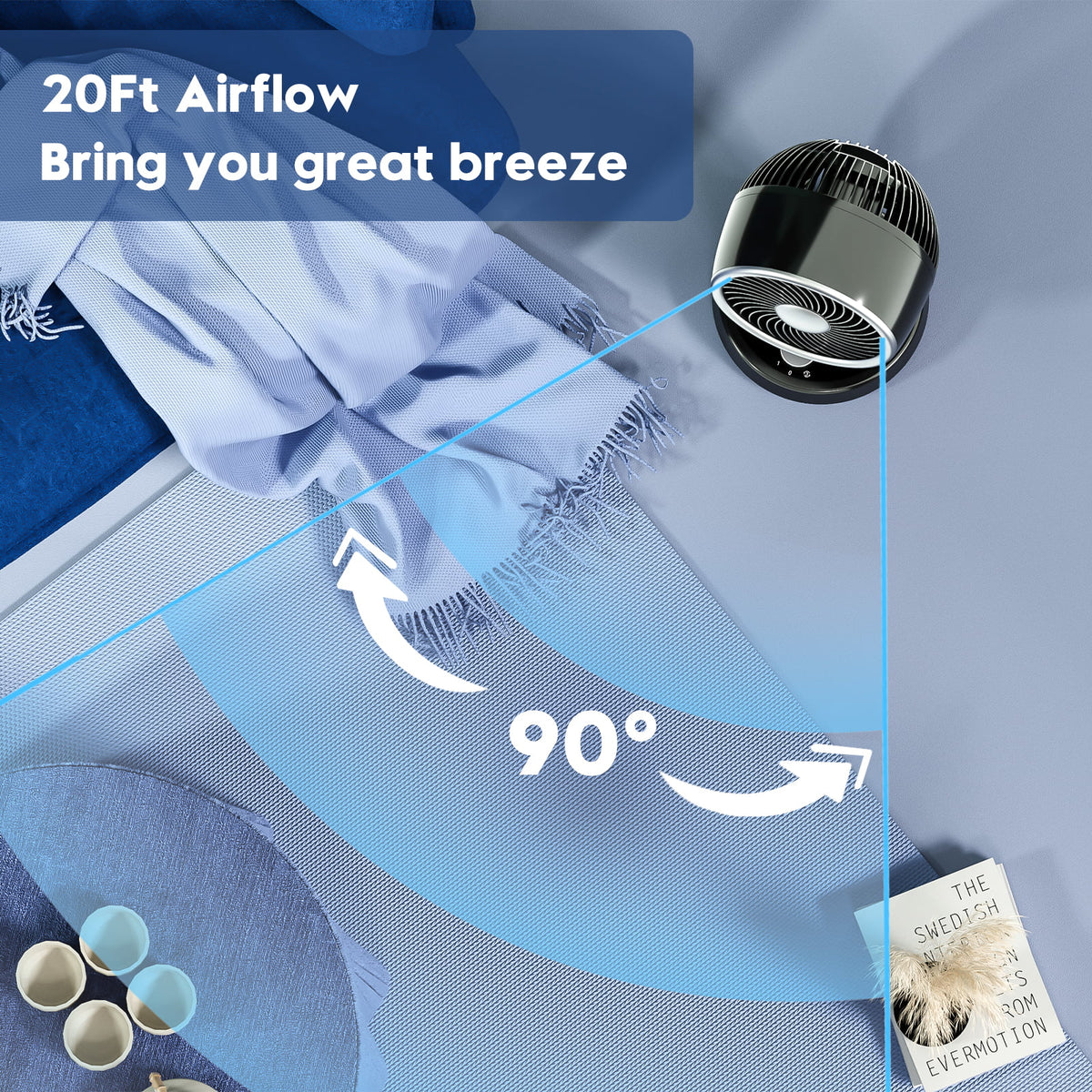 Portable Table Fan with 90° Auto-oscillation, 6 Tilting Head Settings, 3 Speeds Y477
