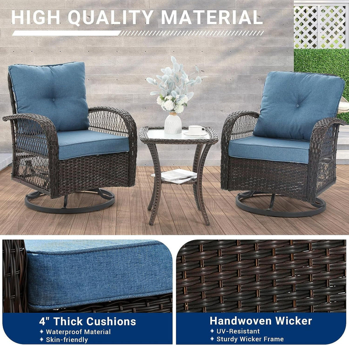 3 Pieces Wicker Patio Bistro Set with Glass Top Side Table G386