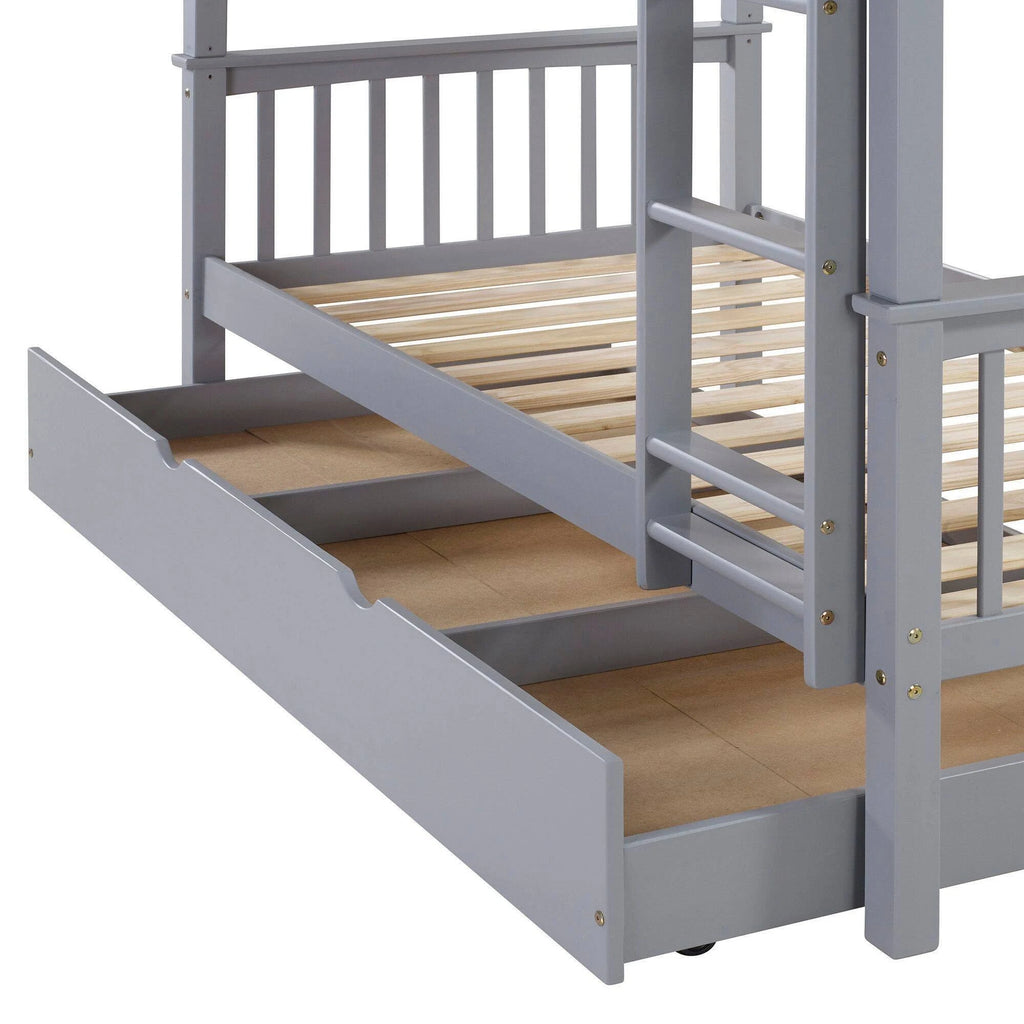 Twin Solid Wood Bunk Bed with Trundle Bed Gray O3477