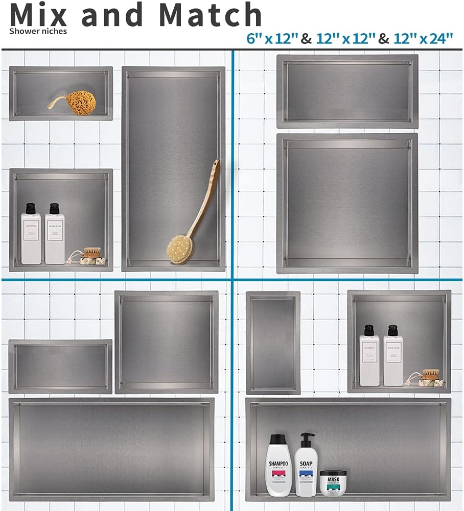 24x12 Brushed Stainless Steel Recessed Shower Shelf T881