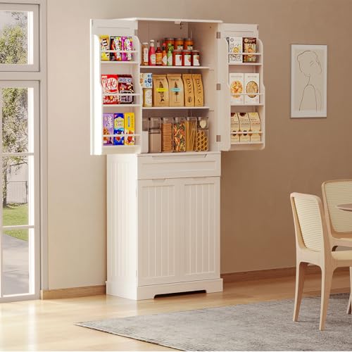 White Tall Kitchen Pantry Storage Cabinet with Doors and Shelves W16555