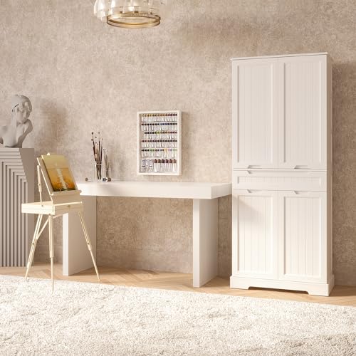 White Tall Kitchen Pantry Storage Cabinet with Doors and Shelves W16555