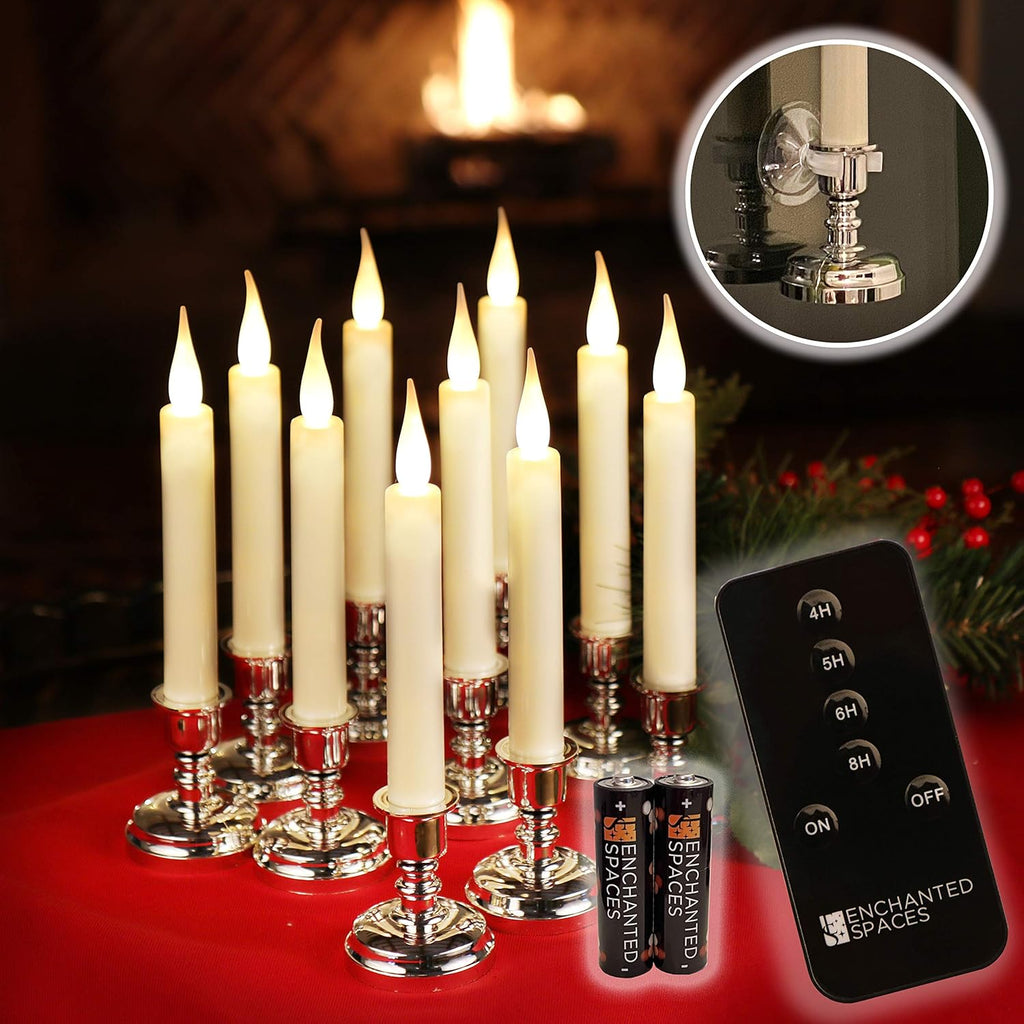 Set of 10 Ivory Window Candles with Gold Candle Stands, Battery Operated LED D209194