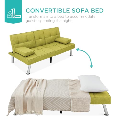 Gray Linen Folding Futon Sofa Bed with Cupholders W88856