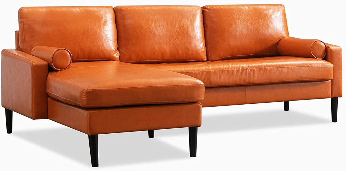 Convertible Sectional Sofa with Reversible Chaise, 3 Seat Faux Leather L-Shape Sofa with 2 Cylindrical Pillows F4867