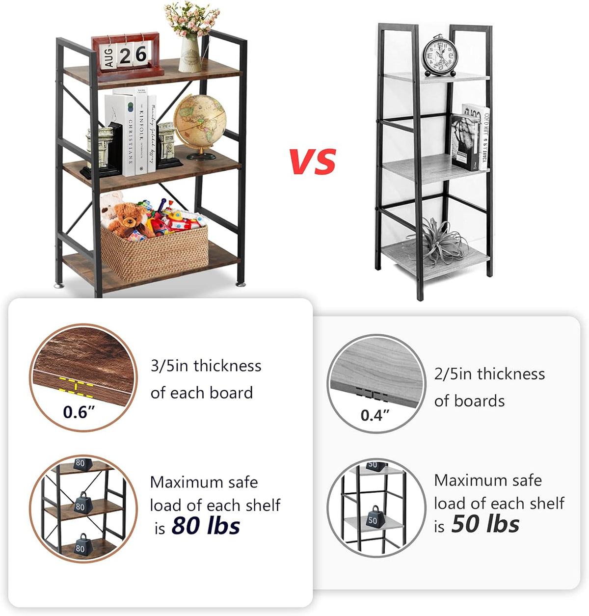 3 Tier Rustic Wood and Metal Bookshelf S9716