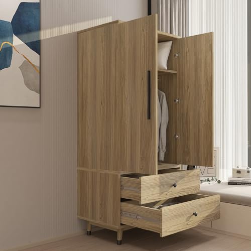 Oak 4 Door Armoire Wardrobe with 2 Drawers B74040