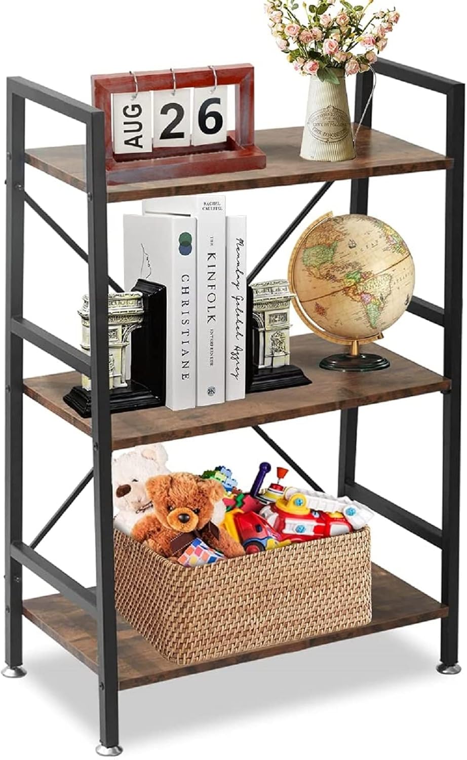3 Tier Rustic Wood and Metal Bookshelf S9716
