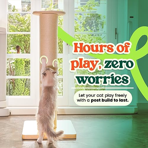 50" Tall Cat Scratching Post, 7.3" Thick Post, Solid Wood Base & Natural Sisal Rope U180109