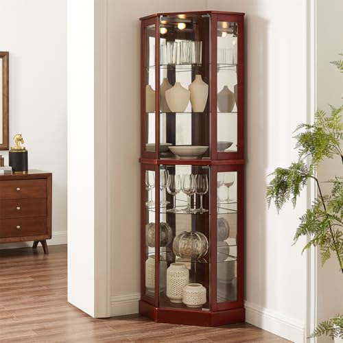 6-Tier Lighted Corner Curio Cabinet with Mirrors and Adjustable Shelves (Cherry) R283717