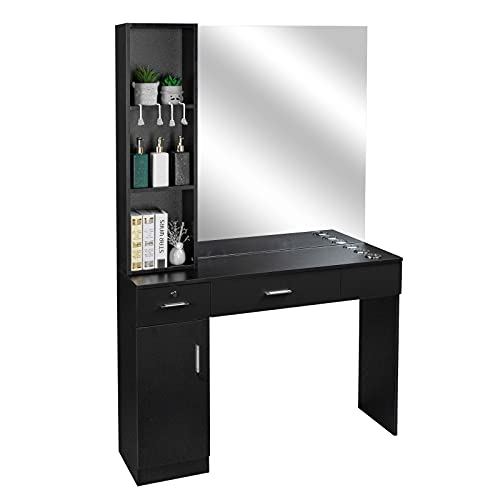 Black Wall Mount Barber Station with Mirror, 2 Drawers, 1 Storage Cabinet, 3 Open Shelves K884802