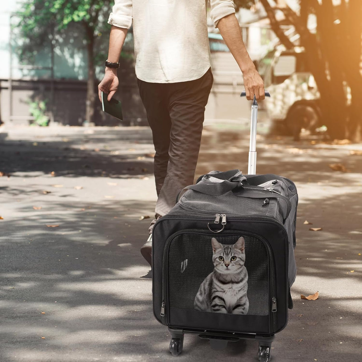 Black Large Rolling Double Compartment Pet Carrier with Wheels P7750