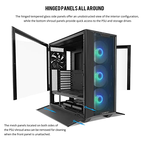 Black E-ATX PC Case with Tempered Glass Doors, Mesh Panels, 4x140mm PWM Fans B390
