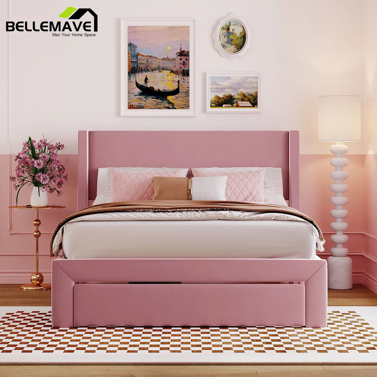 Full Size Pink Velvet Platform Bed with Drawer U573404