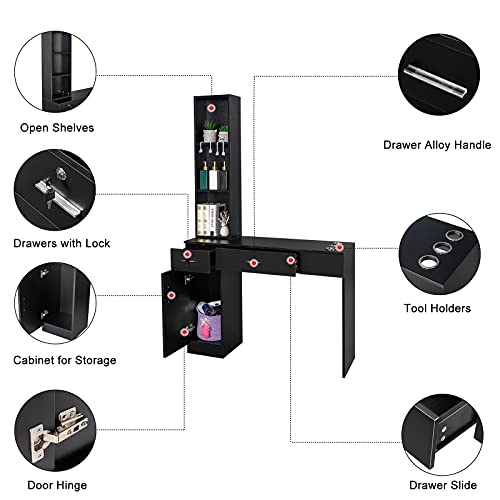Black Wall Mount Barber Station with Mirror, 2 Drawers, 1 Storage Cabinet, 3 Open Shelves K884802