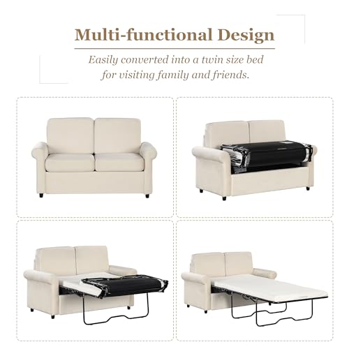 Beige Pull Out Sofa Bed with Twin Size Mattress Pad T45540
