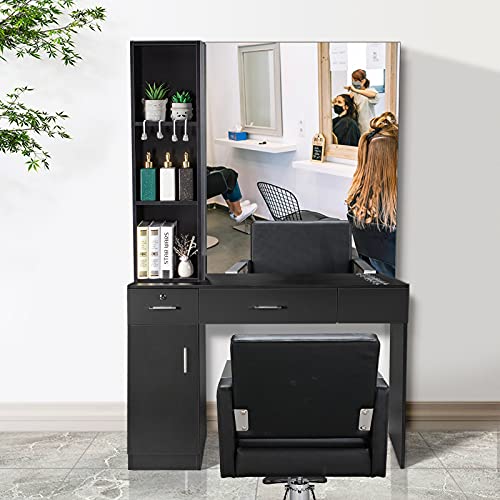 Black Wall Mount Barber Station with Mirror, 2 Drawers, 1 Storage Cabinet, 3 Open Shelves K884802