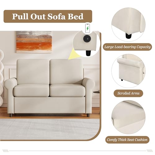 Beige Pull Out Sofa Bed with Twin Size Mattress Pad T45540