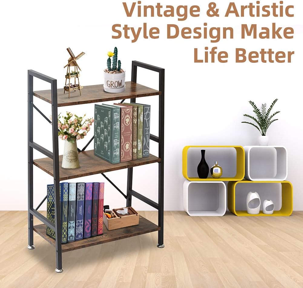 3 Tier Rustic Wood and Metal Bookshelf S9716