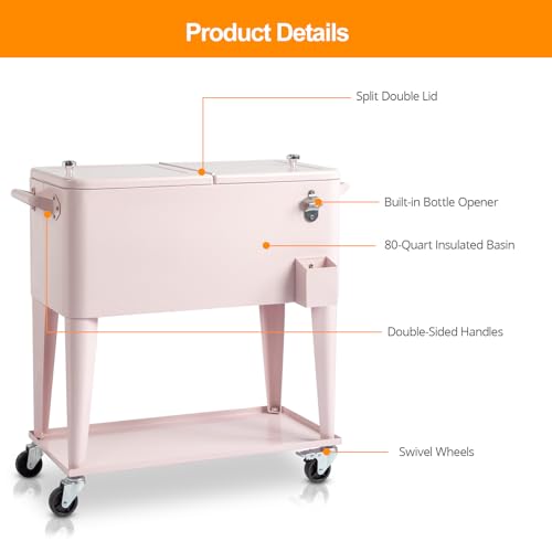80 Quart Rolling Ice Chest on Wheels Drink Cooler Cart with Shelf H738235