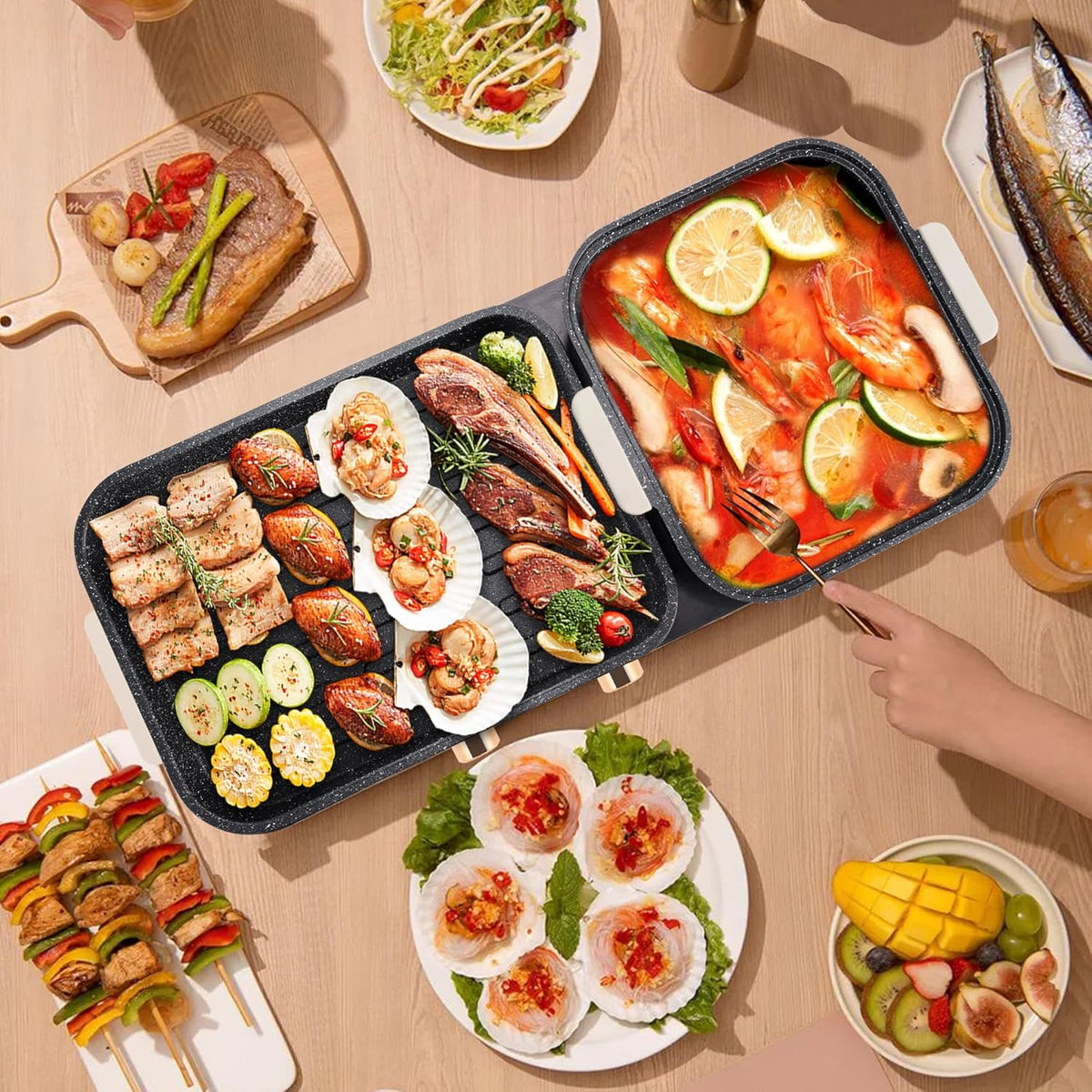 2 in 1 Electric Hot Pot with Grill, Non-Stick Removable Plate O3586