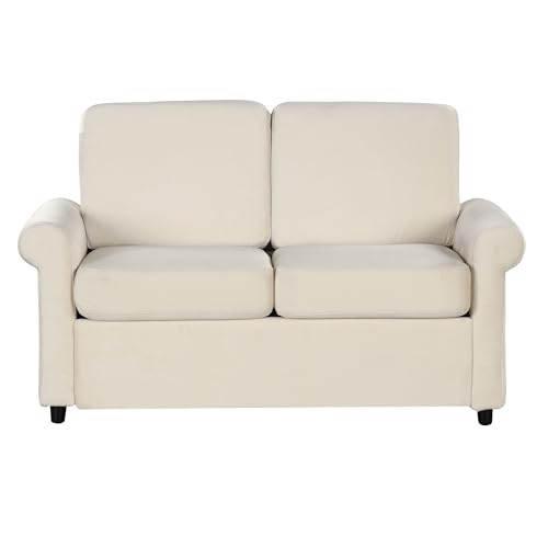 Beige Pull Out Sofa Bed with Twin Size Mattress Pad T45540