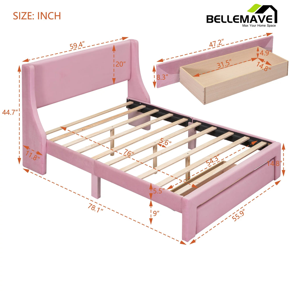 Full Size Pink Velvet Platform Bed with Drawer U573404